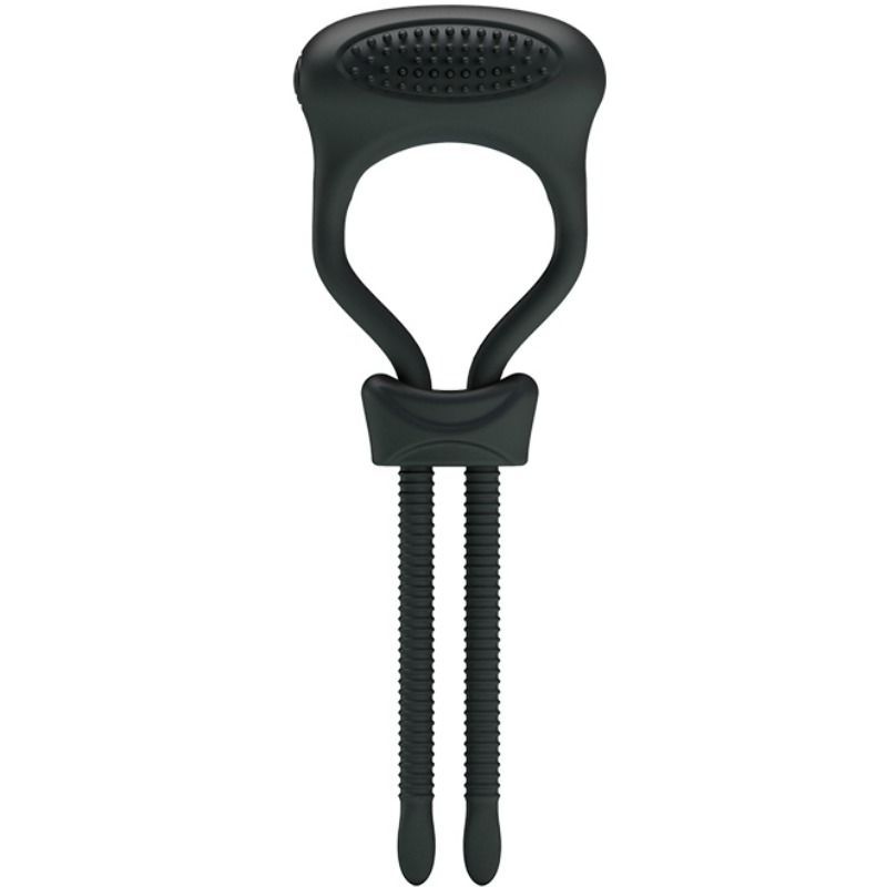 Schwarze Penisschlaufe mit Klitorisstimulation. Geriffelte Oberfläche und ovale Form.