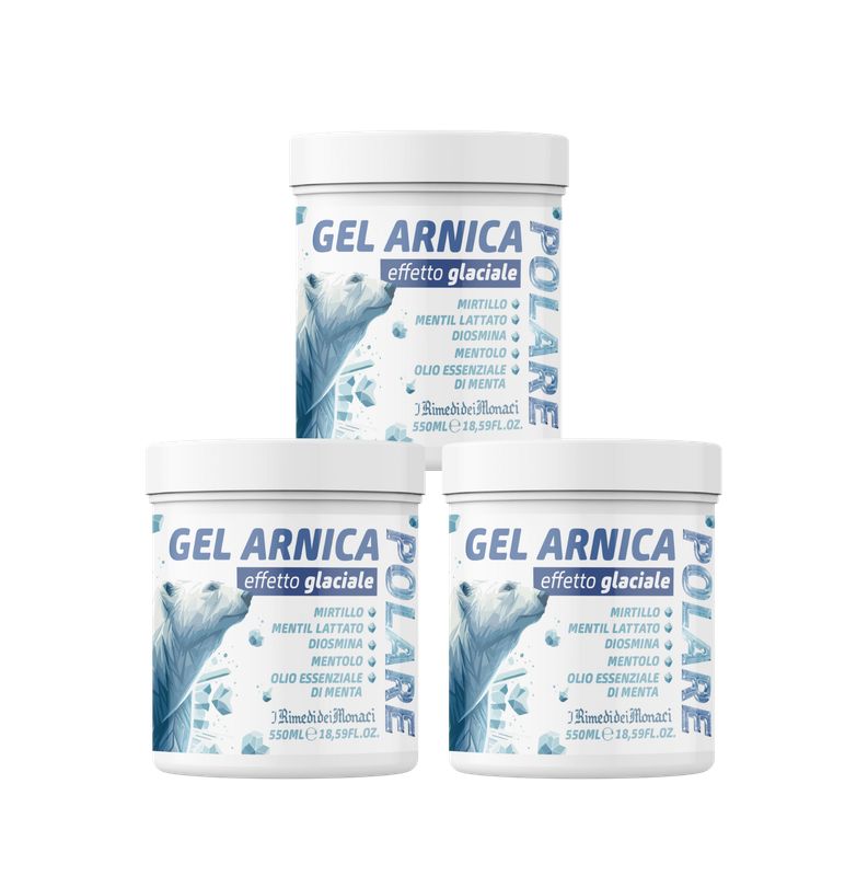 Drei weiße Tiegel mit blauem Etikett. Aufschrift: GEL ARNICA, effetto glaciale. Abbildung eines Eisbären. Text in italienischer Sprache.