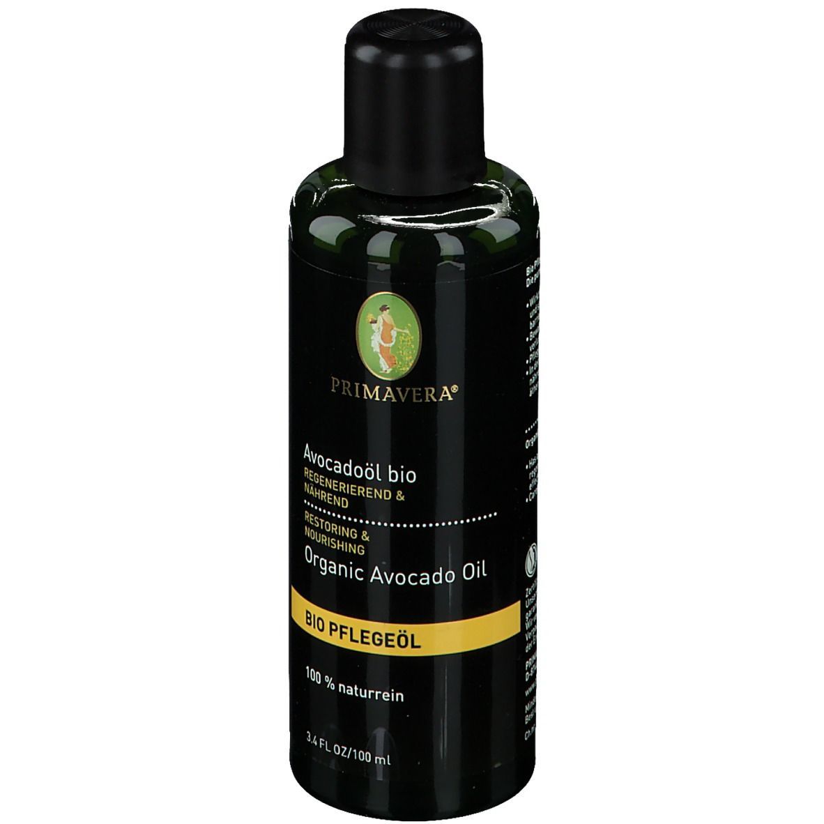 PRIMAVERA® Avocadoöl BIO Flasche. Schwarzer Deckel, gelbes Etikett mit Text. 100% naturrein.