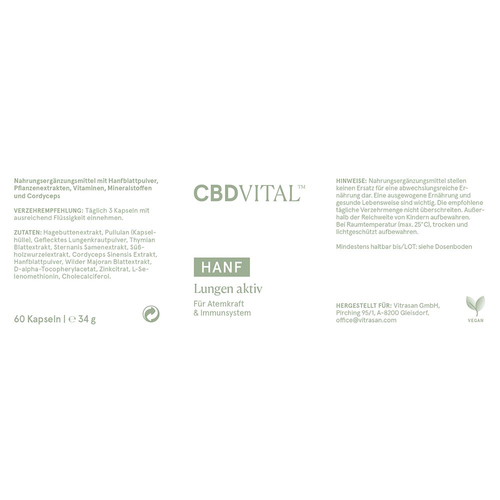 Produktetikett mit Text. CBDVITAL-Logo, Hanf Lungen aktiv, 60 Kapseln, 34g. Vegan-Siegel. Text über Inhaltsstoffe, Anwendung und Hersteller.