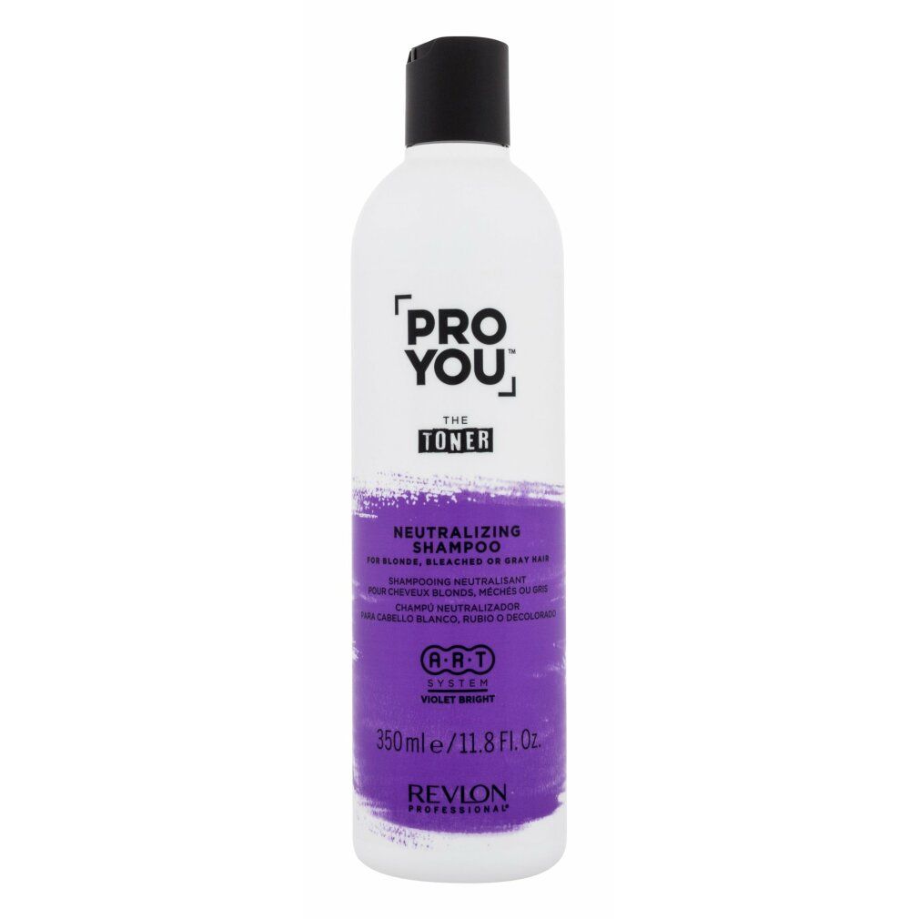 Weiße Flasche mit schwarzem Deckel. Aufkleber mit lila Farbverlauf und Text: PRO YOU, THE TONER, NEUTRALIZING SHAMPOO, 350ml/11.8 Fl. Oz.