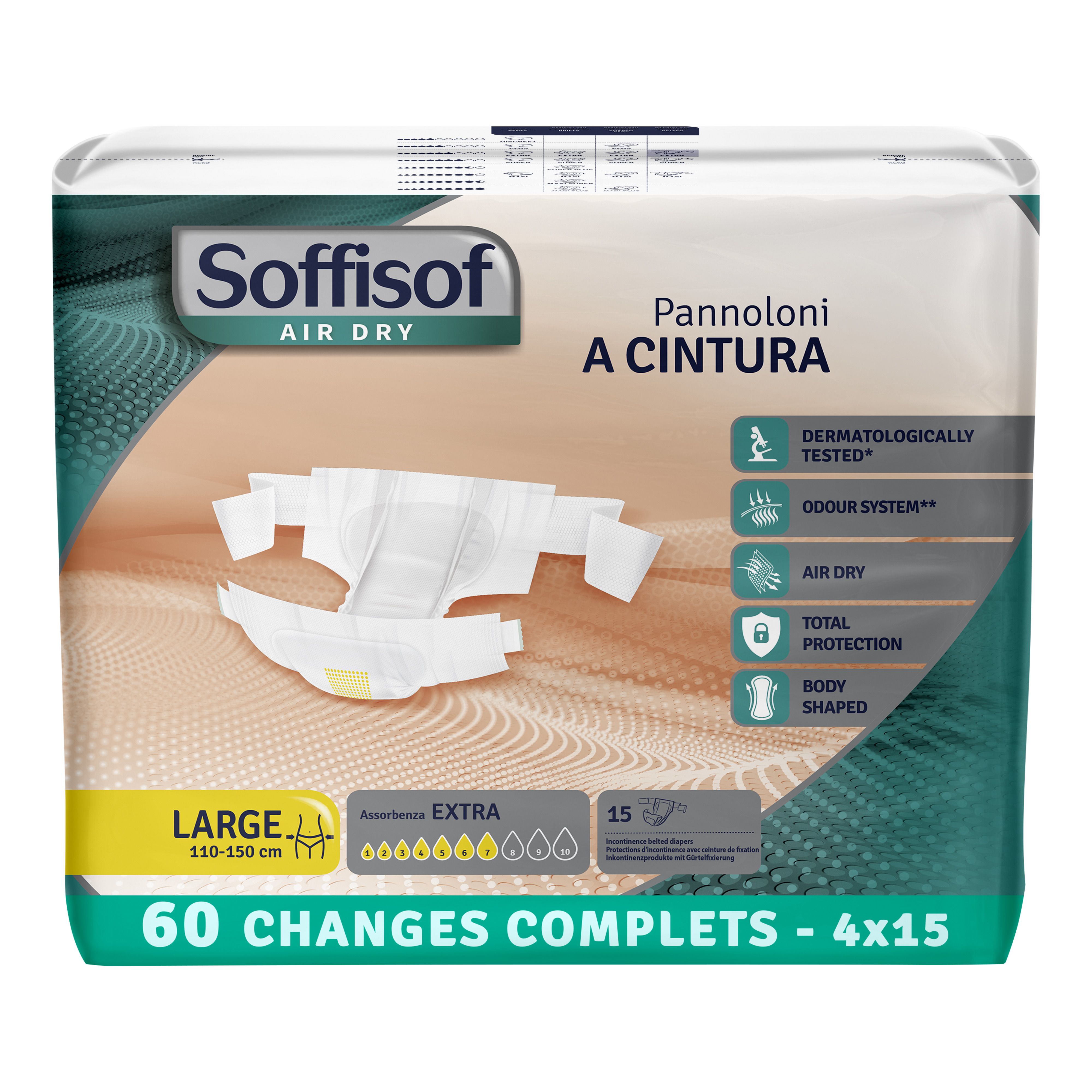 Soffisof, protection contre l'incontinence avec ceinture. Couche blanche avec ceinture, emballage. Taille L, 110-150 cm.