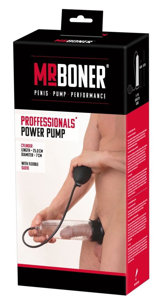 Verpackung von Mister Boner Professionals Power Pump. Schwarze Box mit Produktabbildung. Zylinder, ca. 25 cm lang, mit Pumpe und Schlauch.