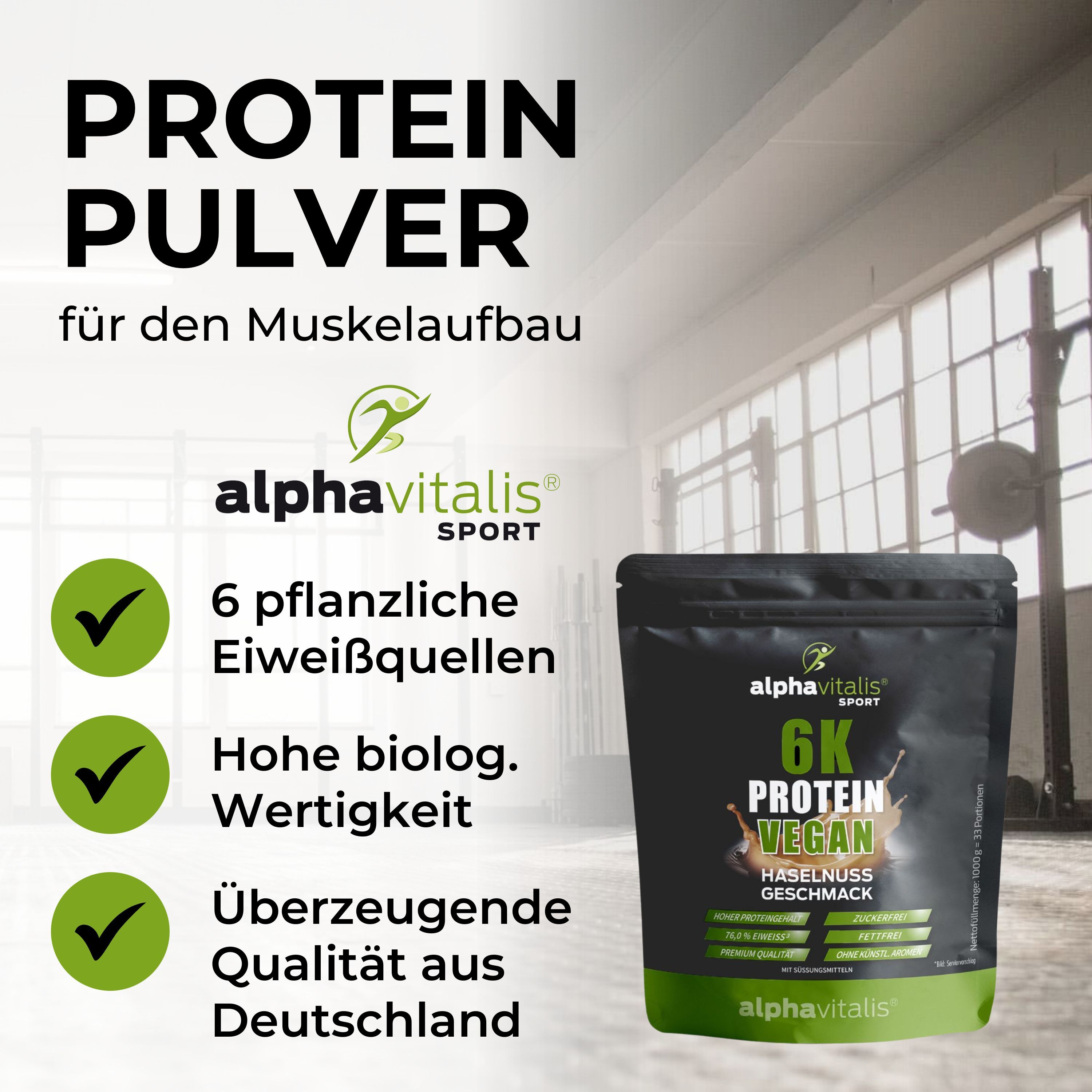 Alphavitalis® Protein Pulver für Muskelaufbau. 6 pflanzliche Eiweißquellen, hohe biologische Wertigkeit.