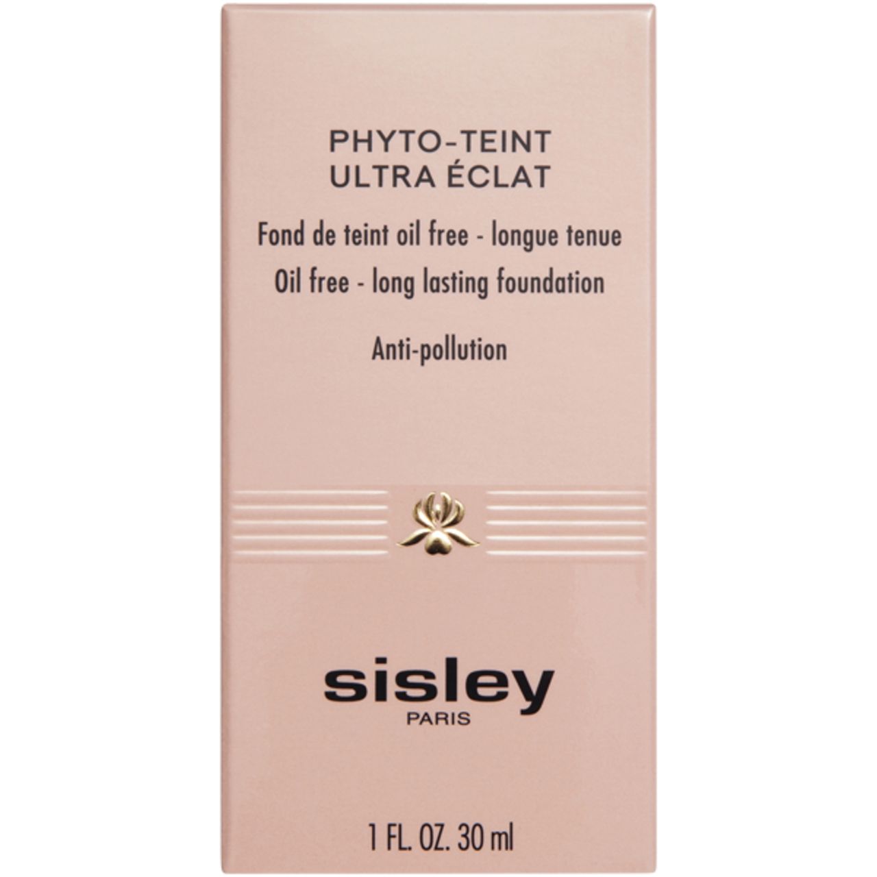 Verpackung Sisley Phyto-Teint Ultra Eclat. Rechteckige, rosafarbene Schachtel. Text: Phyto-Teint Ultra Eclat, oil free, long lasting foundation, Anti-pollution, Sisley Paris.