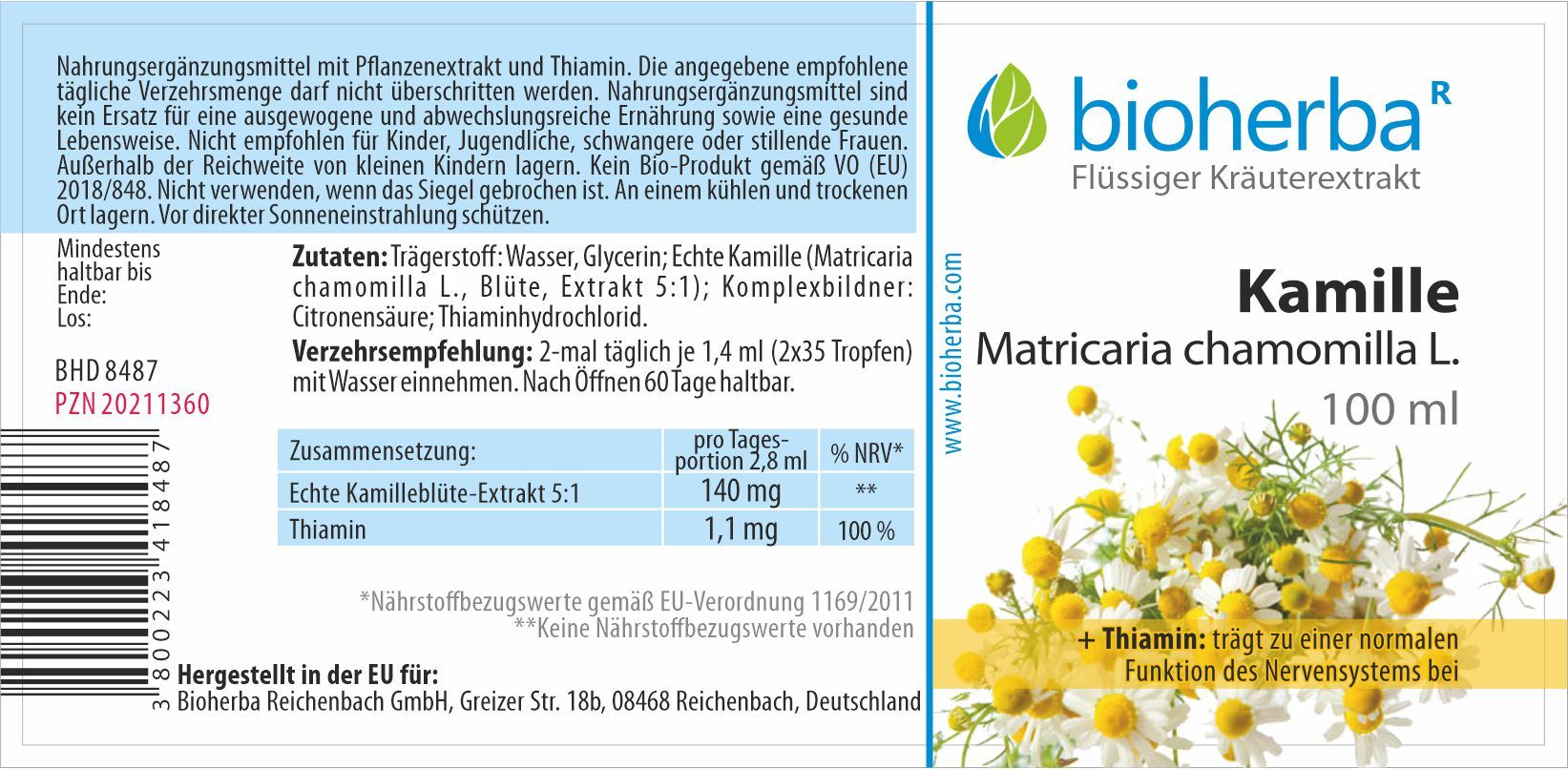 Etikett mit Produktinformationen. Bioherba Kamille, Matricaria chamomilla L. Extrakt, 100 ml. Enthält Thiamin. Flasche mit Kräuterextrakt.