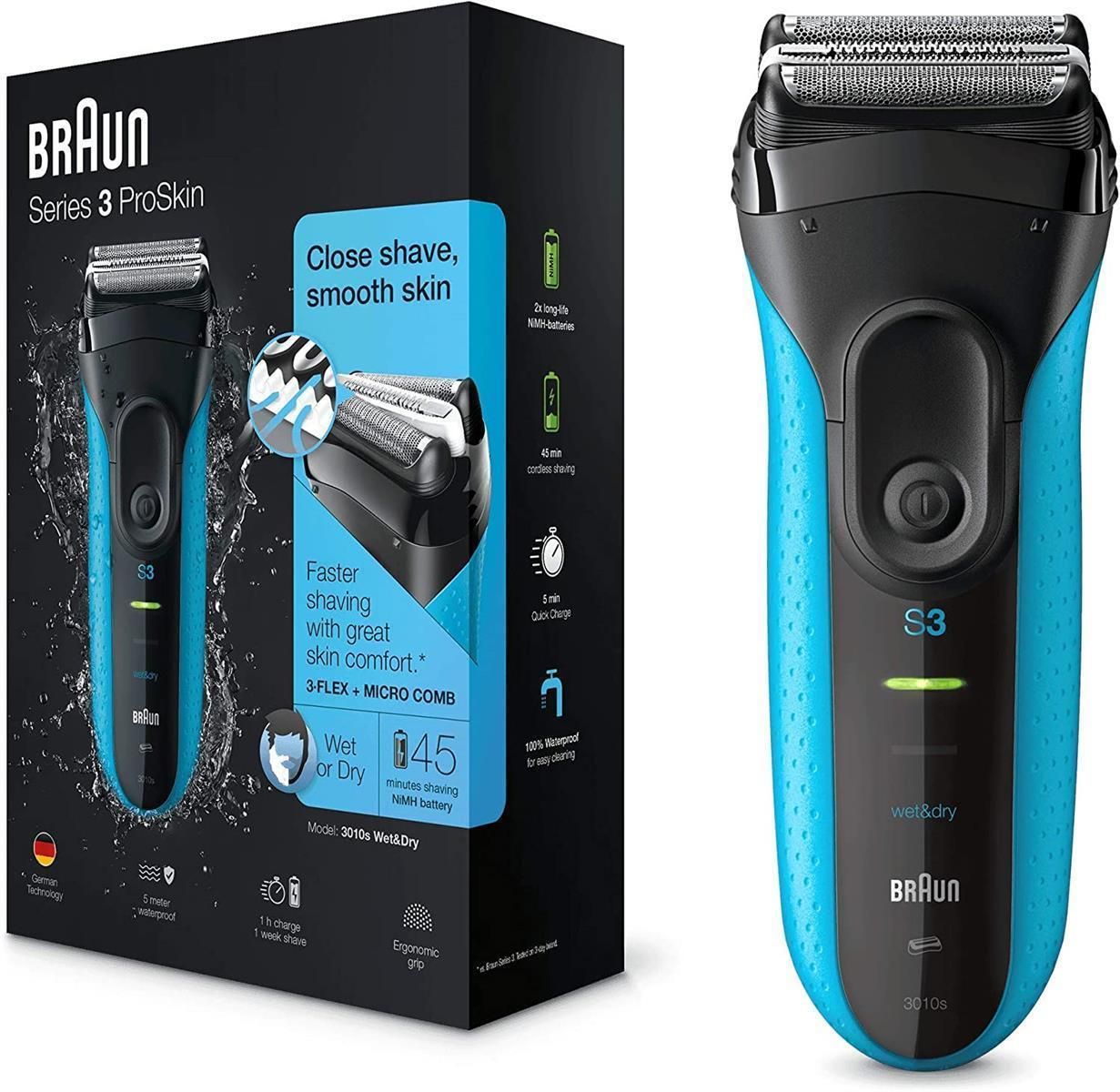 Braun Series 3 ProSkin Elektrorasierer und Verpackung. Blau-schwarzes Gerät, schwarze Verpackung mit Produktinformationen.