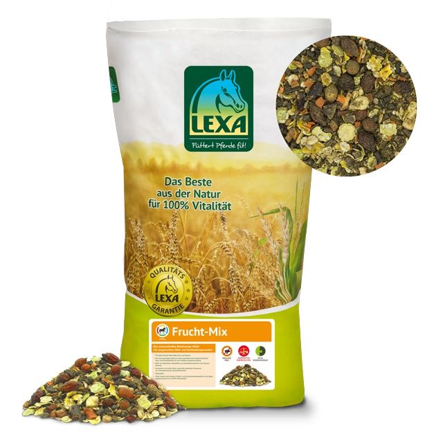 Beutel LEXA Frucht-Mix für Pferde. Grün-weiß Verpackung mit Produktabbildung. Text: Das Beste aus der Natur für 100% Vitalität. Qualitats Garantie.