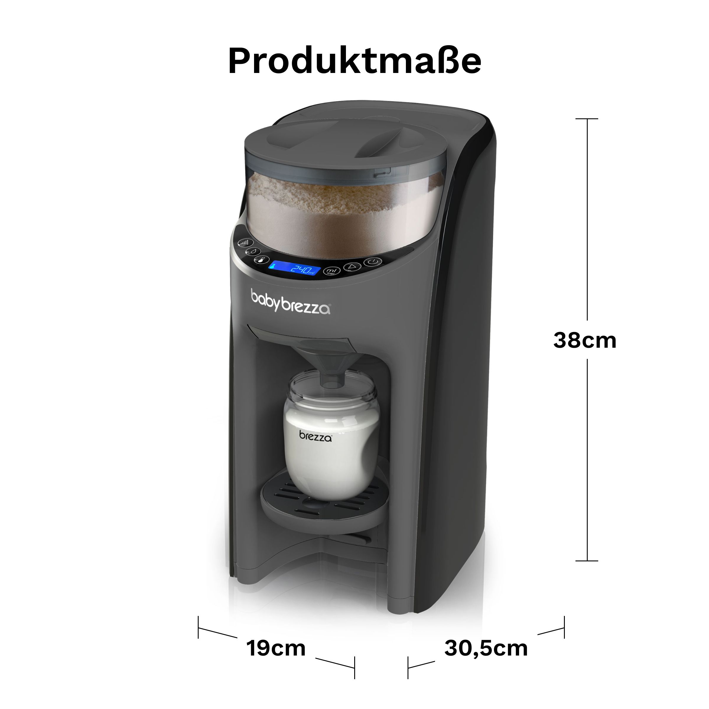 Baby Brezza Formula Pro Advanced Set: Maße 38x19x30,5 cm. Grau.