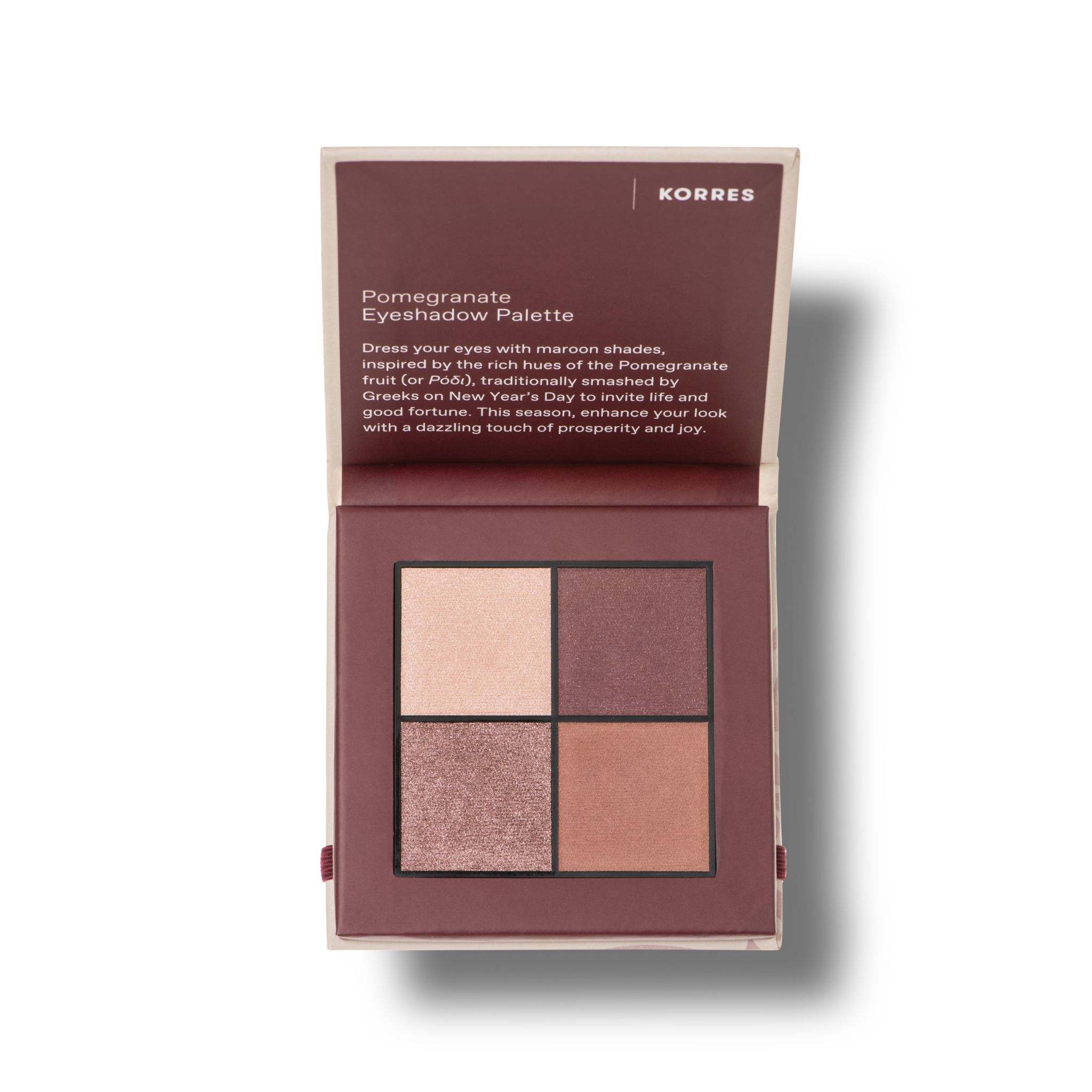 Lidschatten-Palette mit vier Farbtönen. Marke KORRES. Pomegranate Eyeshadow Palette. Beige, Rotbraun und Braun-Töne.