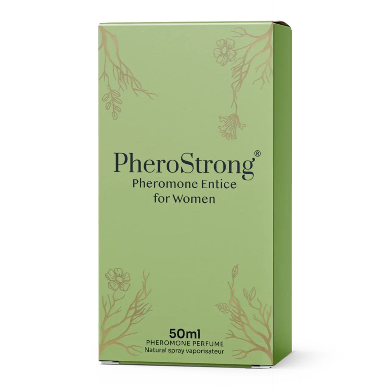 Grüne Schachtel mit Produktnamen und floralen Elementen. Enthält Produktinformationen und Volumenangabe.