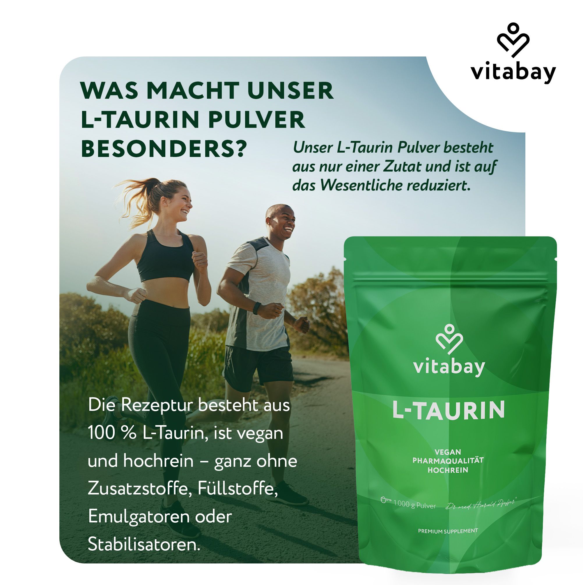 Vitabay L-Taurin Pulver, 100% L-Taurin, vegan, hochrein, ohne Zusatzstoffe.