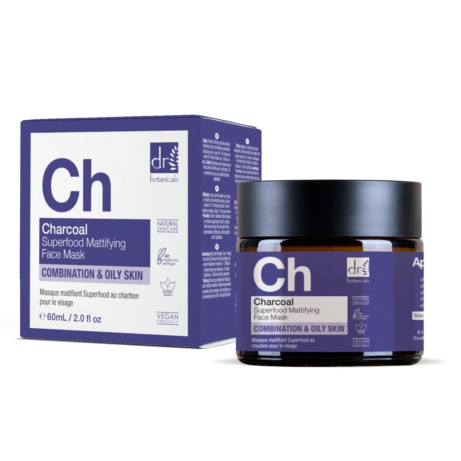 Produktverpackung mit Tiegel und Schachtel. Tiegel: dunkelbraunes Glas mit schwarzem Deckel. Schachtel: violett mit weißer Schrift.