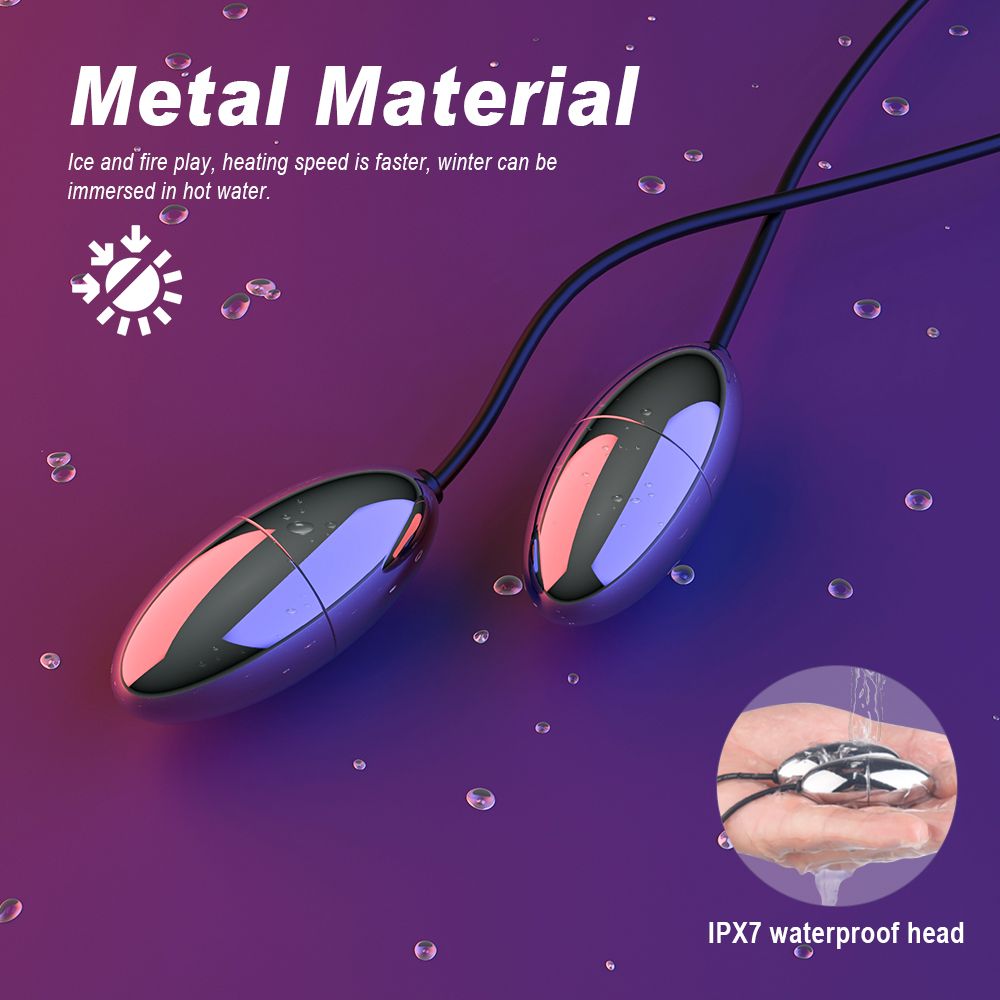 Zwei metallische, ovale Objekte mit Kabeln. Text: Metal Material. IPX7 waterproof head.