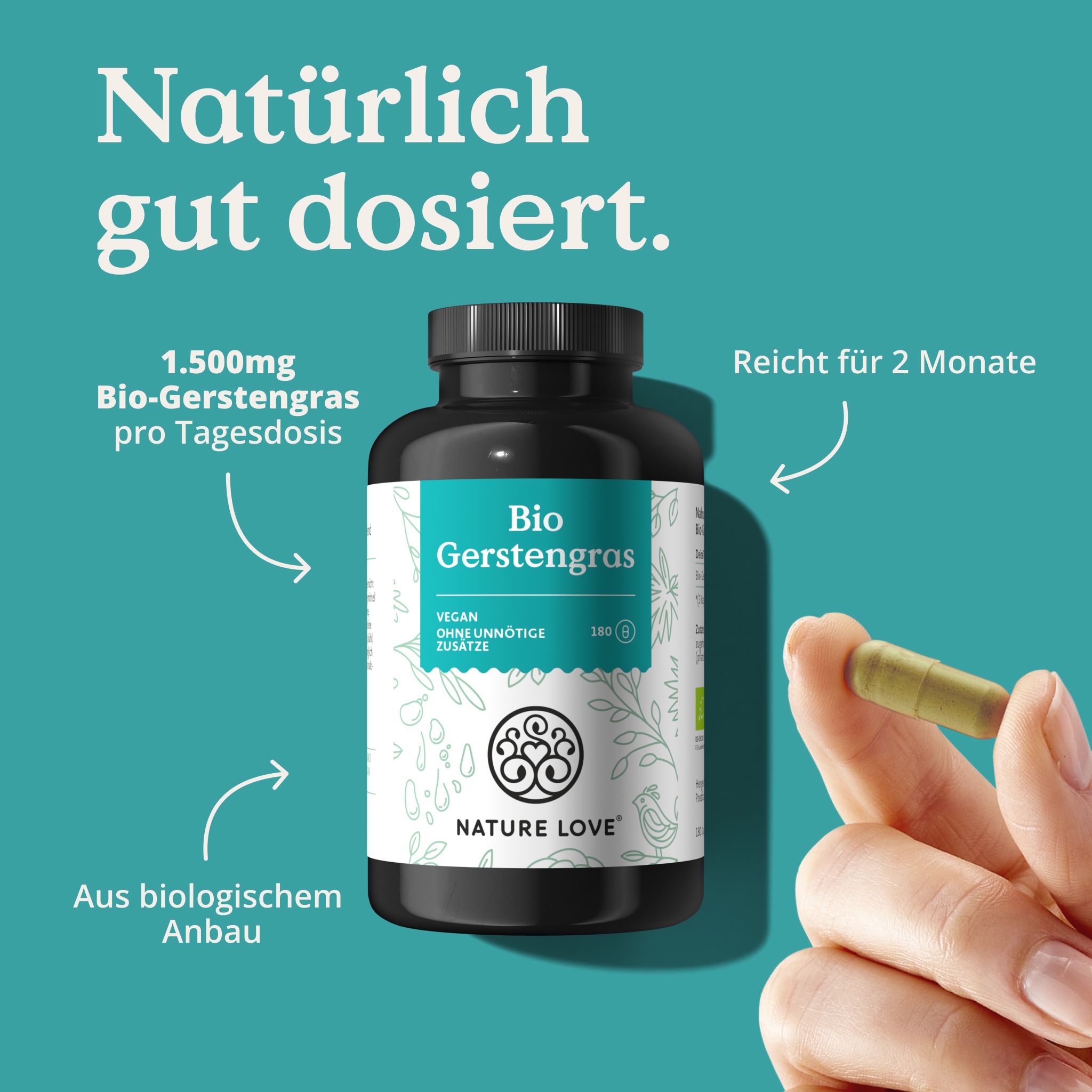 Schwarze Flasche mit Bio Gerstengras Kapseln. Aufschrift: 1.500mg Bio-Gerstengras pro Tagesdosis. Reicht für 2 Monate. Logo: NATURE LOVE®.