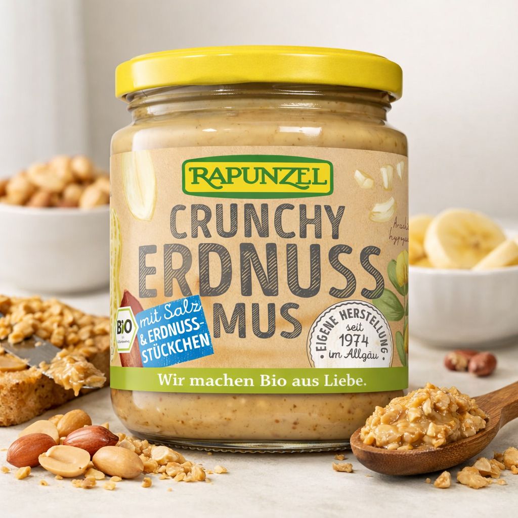 Rapunzel Erdnussmus Crunchy mit Salz und Erdnussstückchen im Glas. Bio-Produkt.