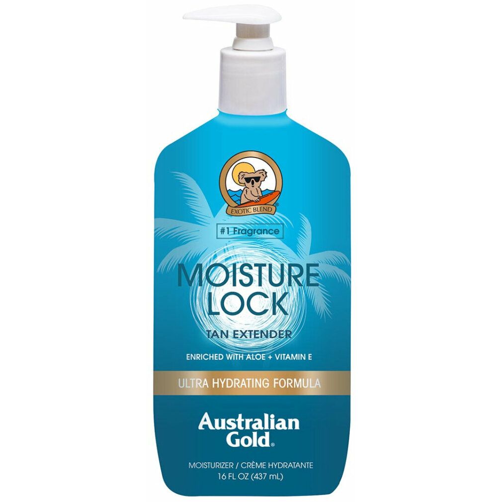 Blau-türkisfarbene Flasche mit weißem Pumpkopf. Text: Moisture Lock Tan Extender, Australian Gold. Mit Aloe und Vitamin E.