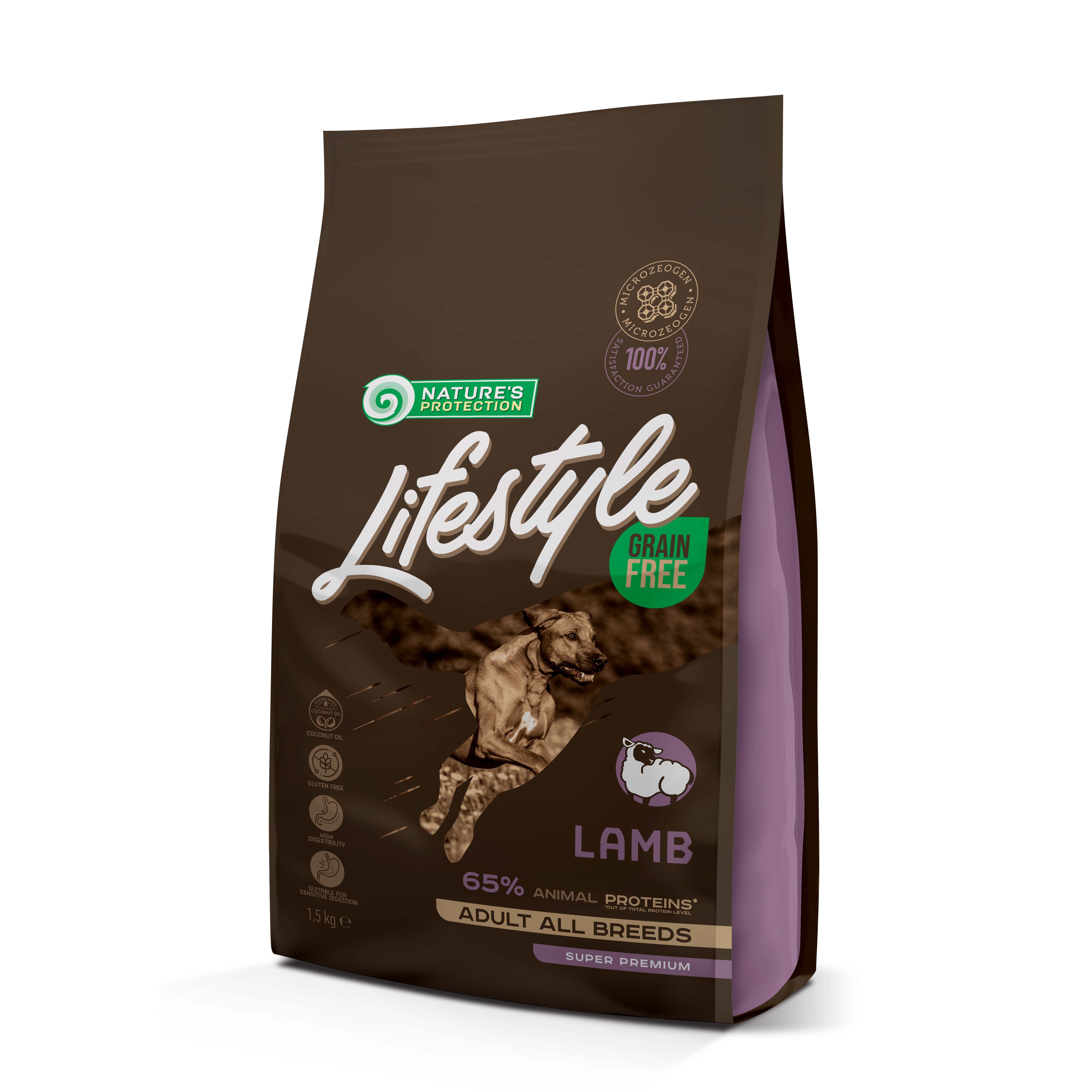 Braune Tüte mit Hundefutter. Aufschrift: Lifestyle, Grain Free, Lamb. Abbildung eines springenden Hundes und eines Schafes.