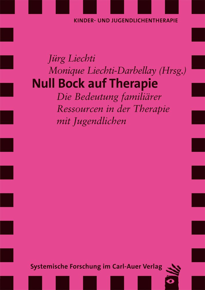 Buchcover mit Titel "Null Bock auf Therapie". Autor: Jürg Liechti. Verlag: Carl-Auer. Rosa Hintergrund mit schwarzen Quadraten.
