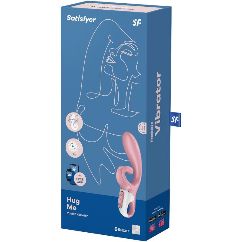 Verpackung des Satisfyer Hug Me Rabbit Vibrators. Blau, mit Produktabbildung und Logos.