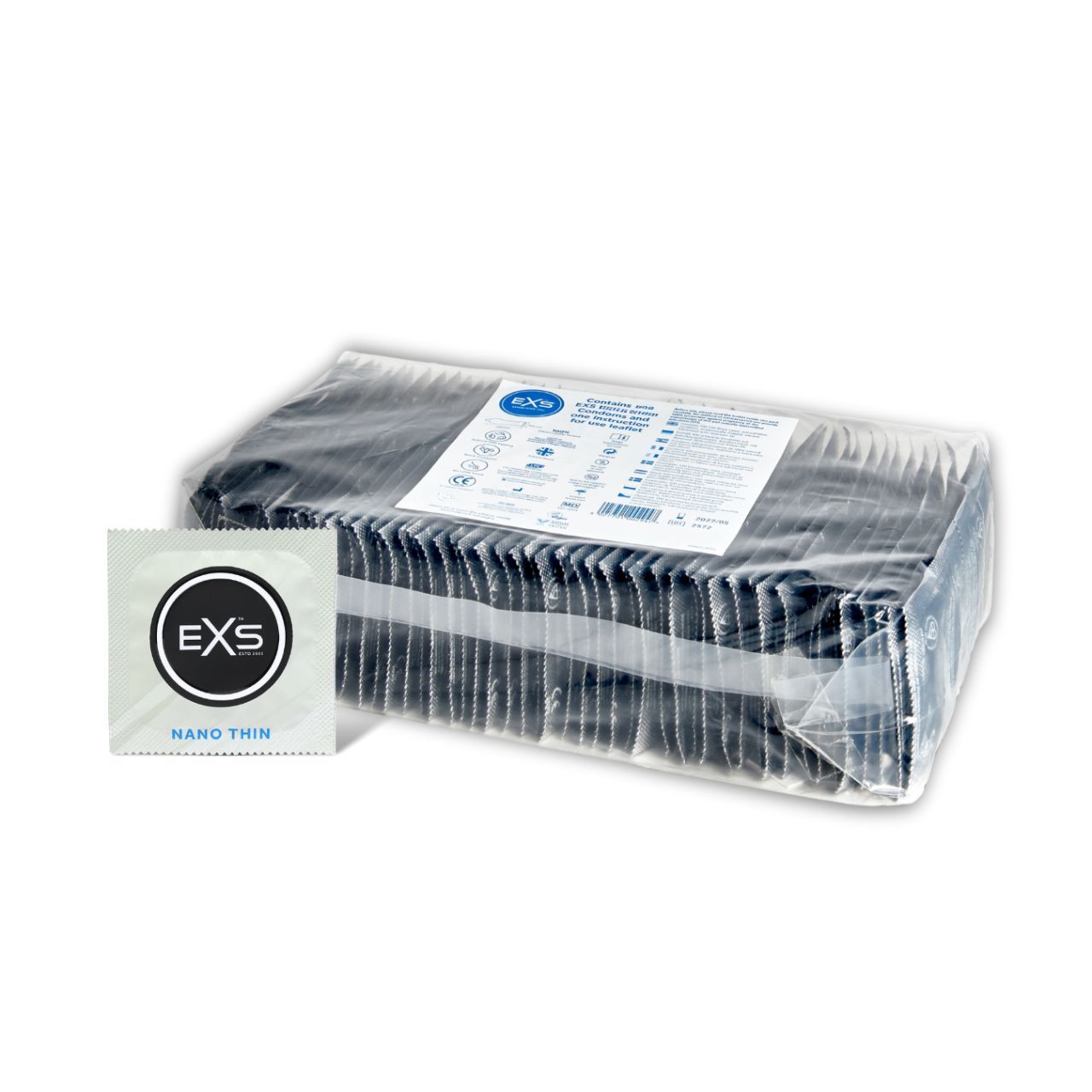 EXS Nano Thin Kondom-Einzelverpackung neben einer Großpackung von 144 Stück.