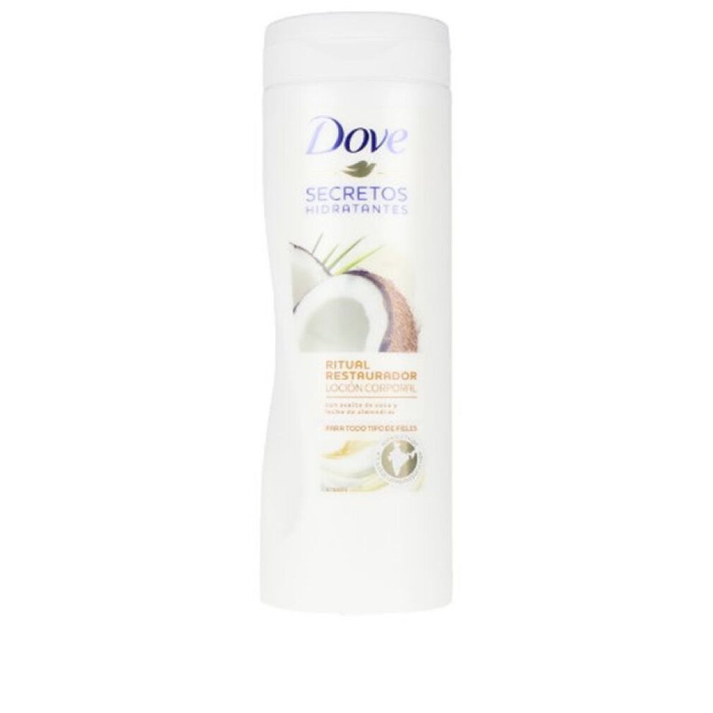 Dove Körperlotion mit Kokosnuss und Mandeln. Weiße Flasche mit Abbildung einer Kokosnuss.