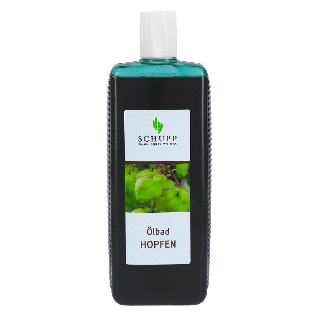 Dunkle Flasche mit grünem Inhalt. Weißes Etikett mit Logo und Text: Ölbad Hopfen.