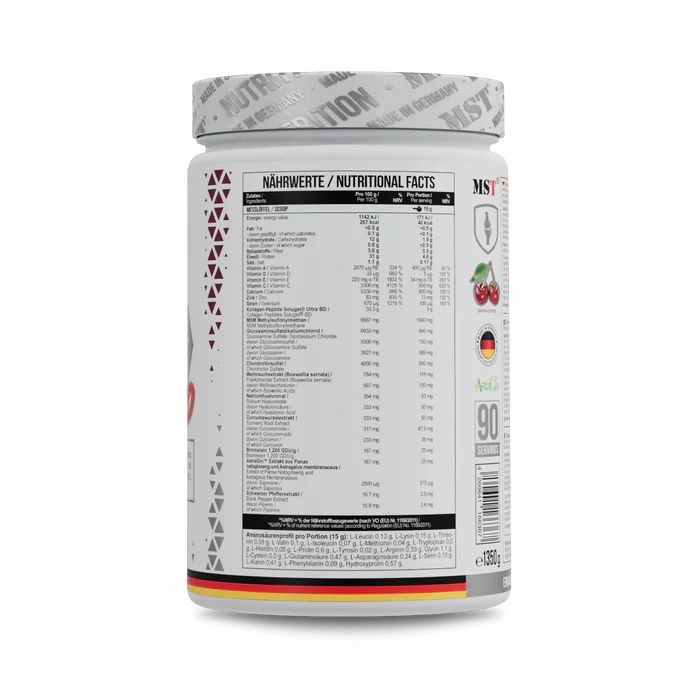Rückseite der MST Flex Pro-Dose. Das Etikett zeigt Nährwertangaben, Inhaltsstoffe und Informationen zur Anwendung. Es enthält 90 Portionen. Aufgeführt sind Nährwerte pro 100g und pro Portion. Das Etikett enthält auch Informationen über die Hersteller.