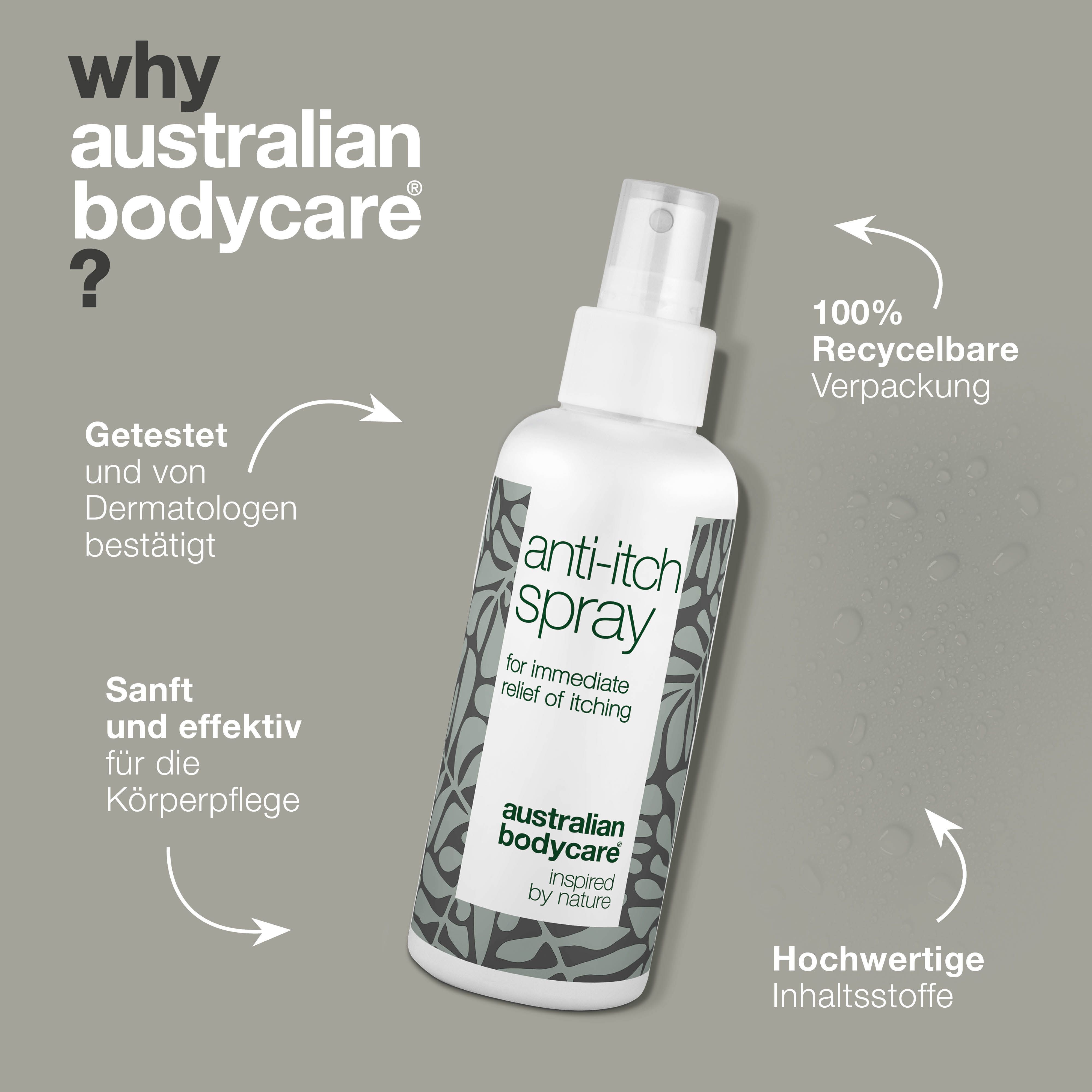 Spray gegen Juckreiz mit Text: 'Getestet und von Dermatologen bestätigt'.