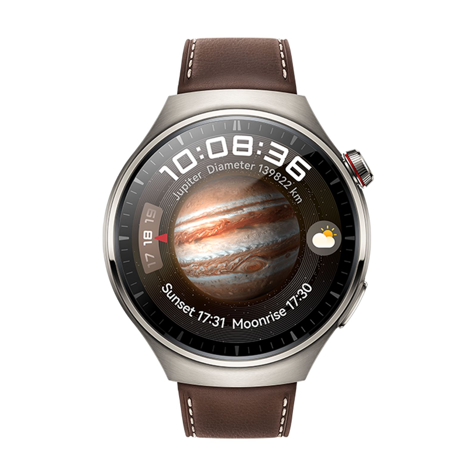 Smartwatch mit braunem Lederarmband. Rundes Display mit Uhrzeit, Jupiter-Darstellung und Wetter-Symbol. Gehäuse silberfarben.
