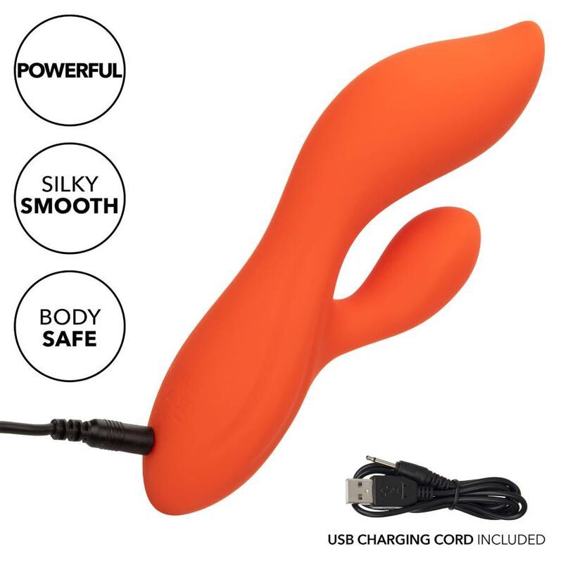 Orangefarbenes Wellness-Produkt mit USB-Ladekabel. Aufschrift: "Powerful", "Silky Smooth", "Body Safe".