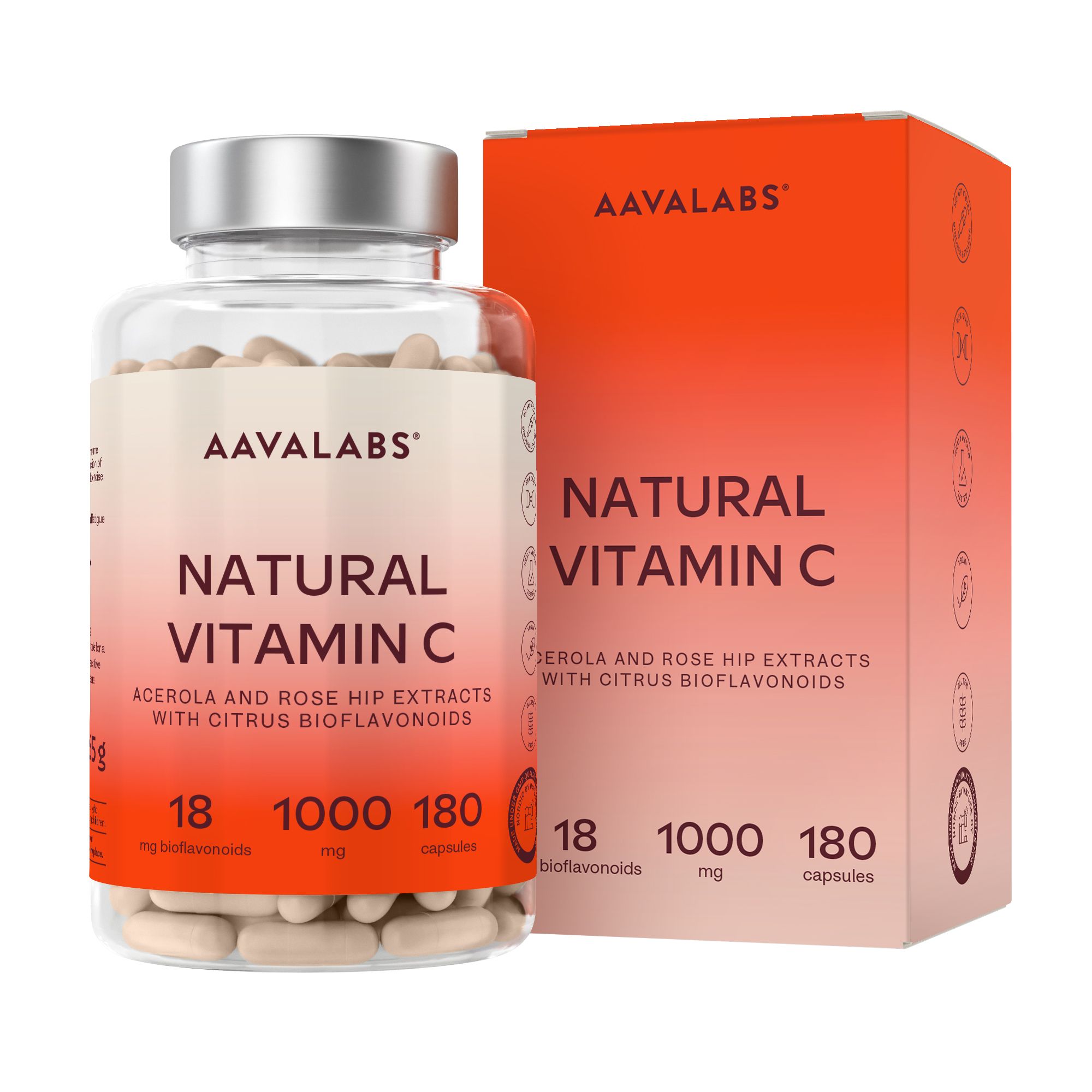 Aavalabs Vitamin C Komplex. Kapseln in Glasflasche und Verpackung. Aufschrift: Natural Vitamin C, Acerola & Hagebutte.