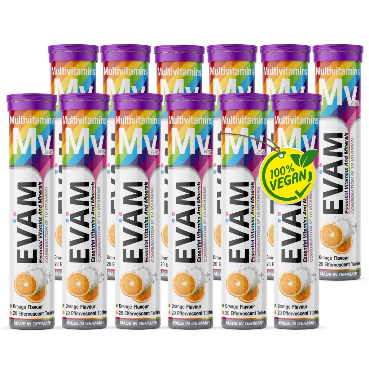 Mehrere Packungen EVÄM Multivitamin Brausetabletten. Jede Packung enthält 20 Brausetabletten mit 10 Vitaminen. Vegan.