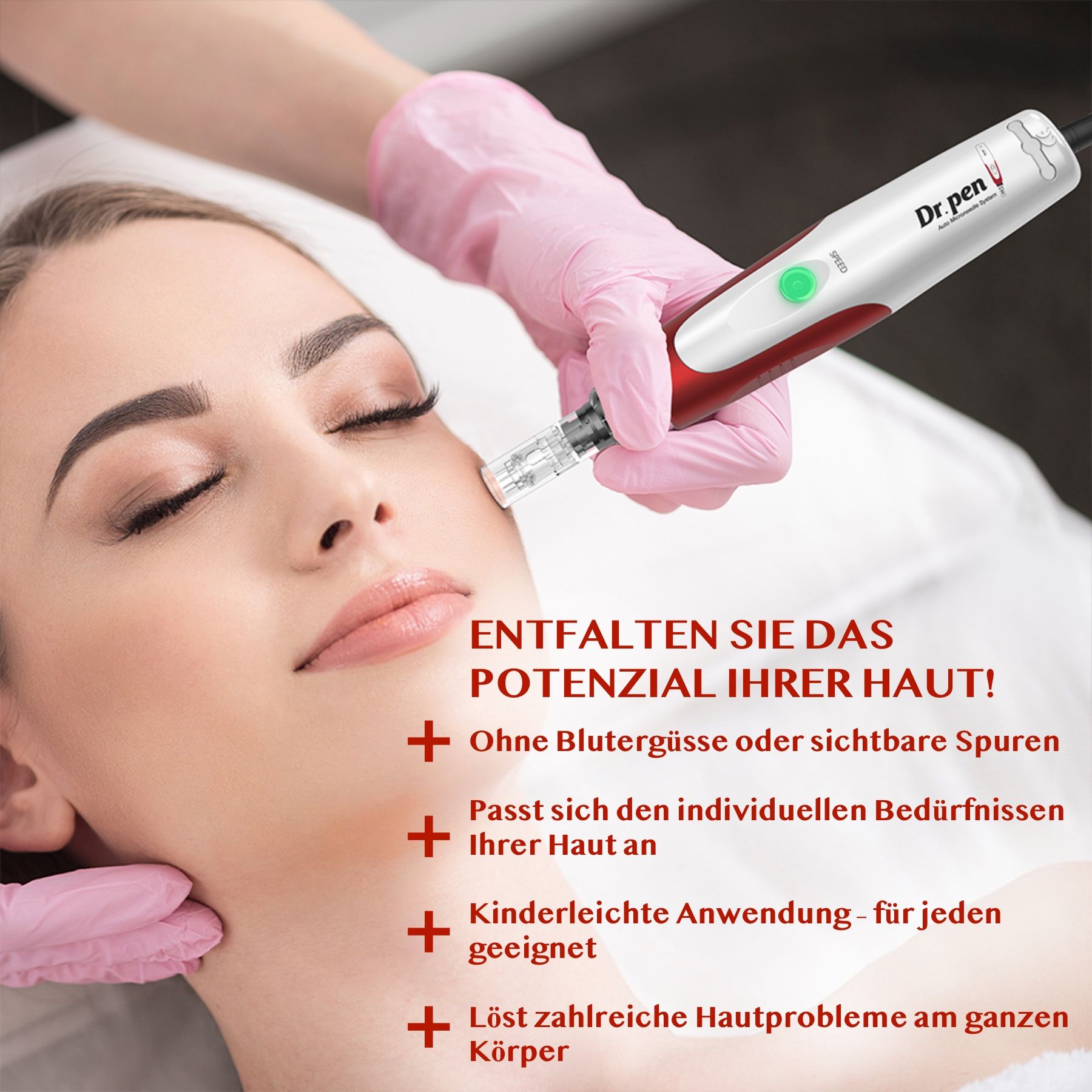 Person mit Gerät auf der Haut. Text: Potenzial der Haut entfalten. Ohne Blutergüsse.