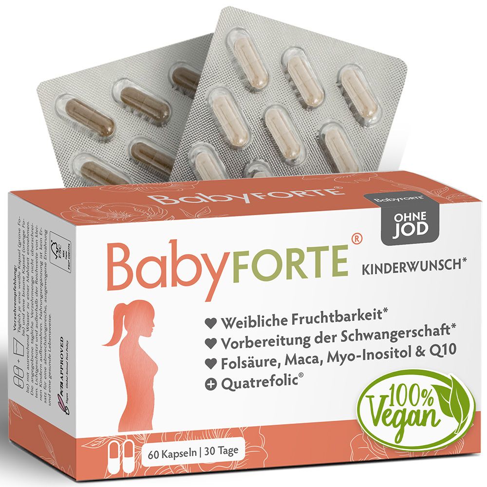 Eine Frau hält ein Ultraschallbild über ihren Bauch. Text hebt 800 mcg Folsäure, vegan und PETA-zertifiziert hervor.