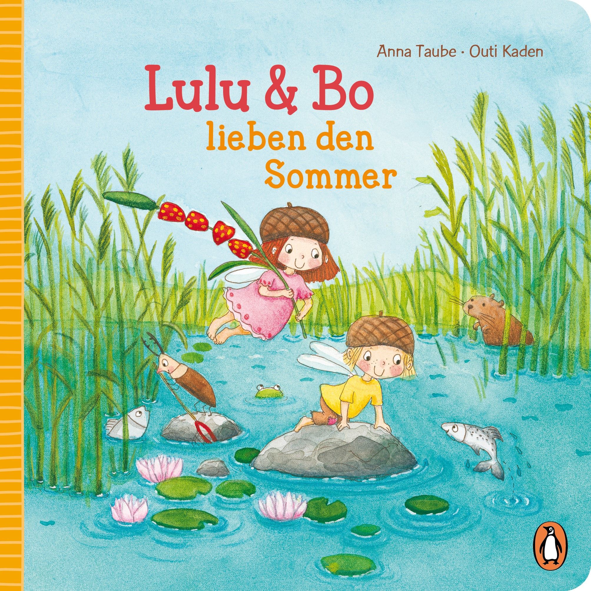 Buchcover mit Titel Lulu & Bo lieben den Sommer. Illustration von zwei Kindern im Wasser, umgeben von Pflanzen und Tieren. Verlag Penguin.