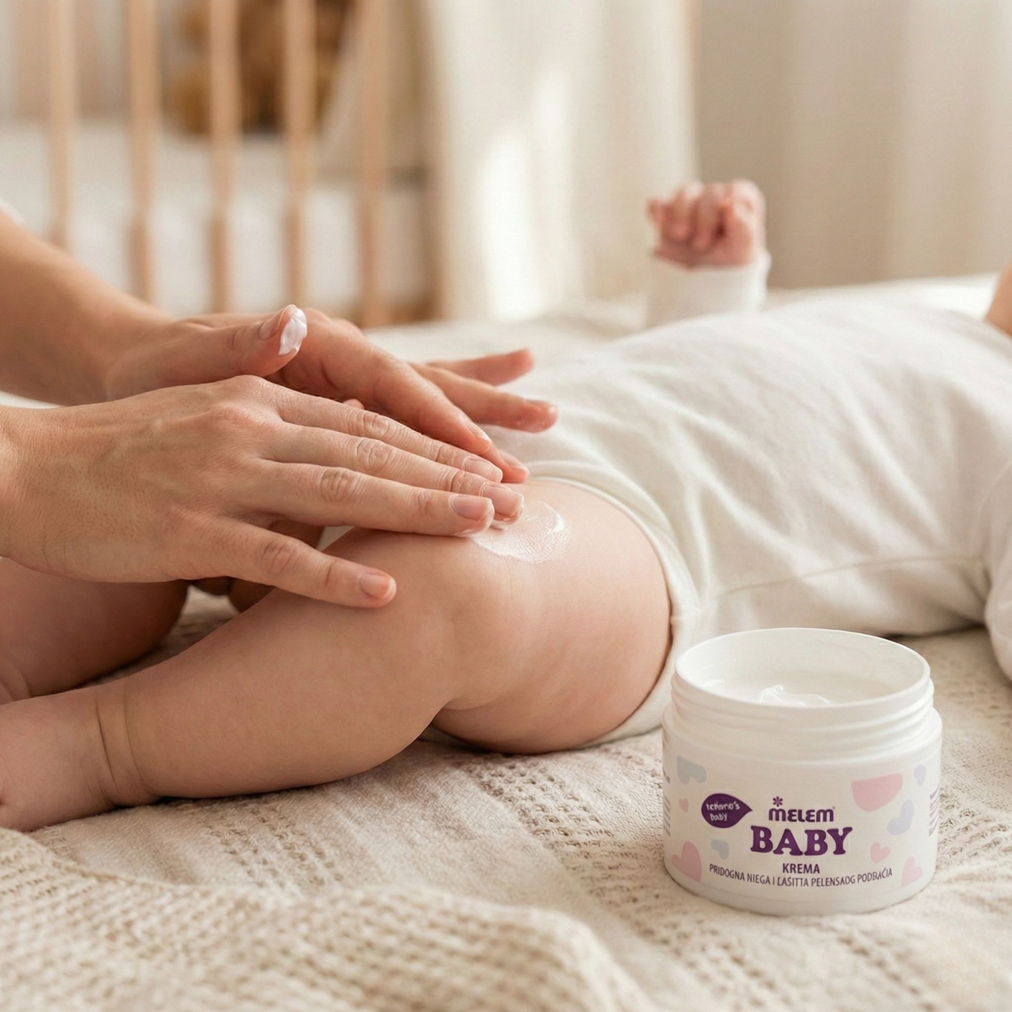 Hände tragen Creme auf Babyhaut auf. Aufschrift: Melem Baby.