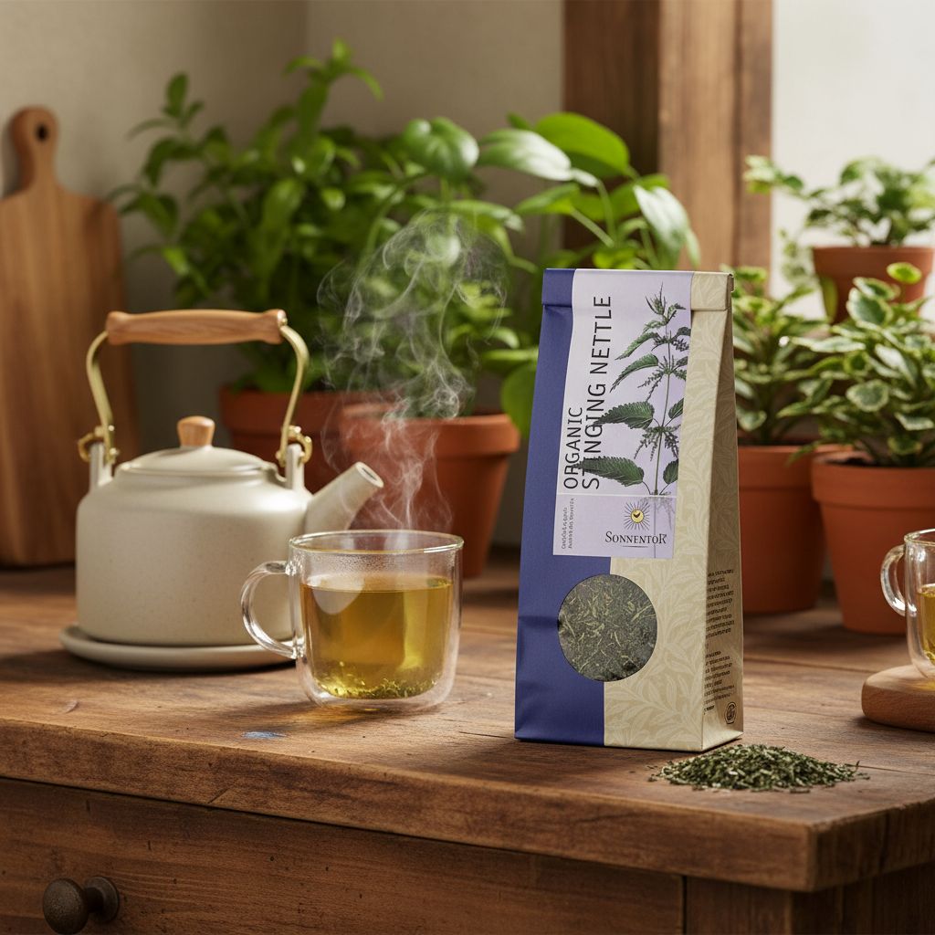 SonnentOr Brennnessel lose bio auf einer Küchenzeile mit Teekanne und Tasse.
