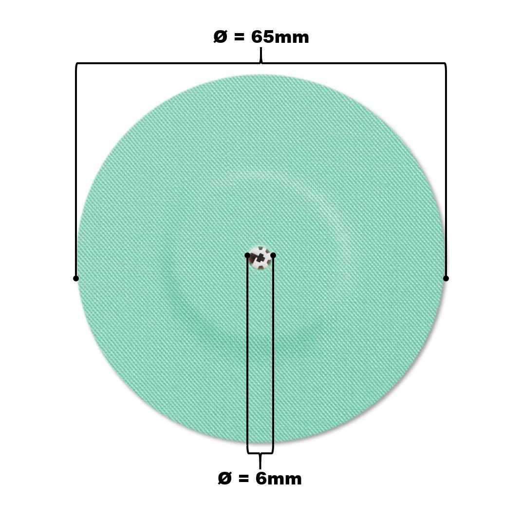 Rundes, mintfarbenes Pflaster mit Belüftungsloch. Durchmesser 65mm, Loch 6mm. Geriffelte Oberfläche.