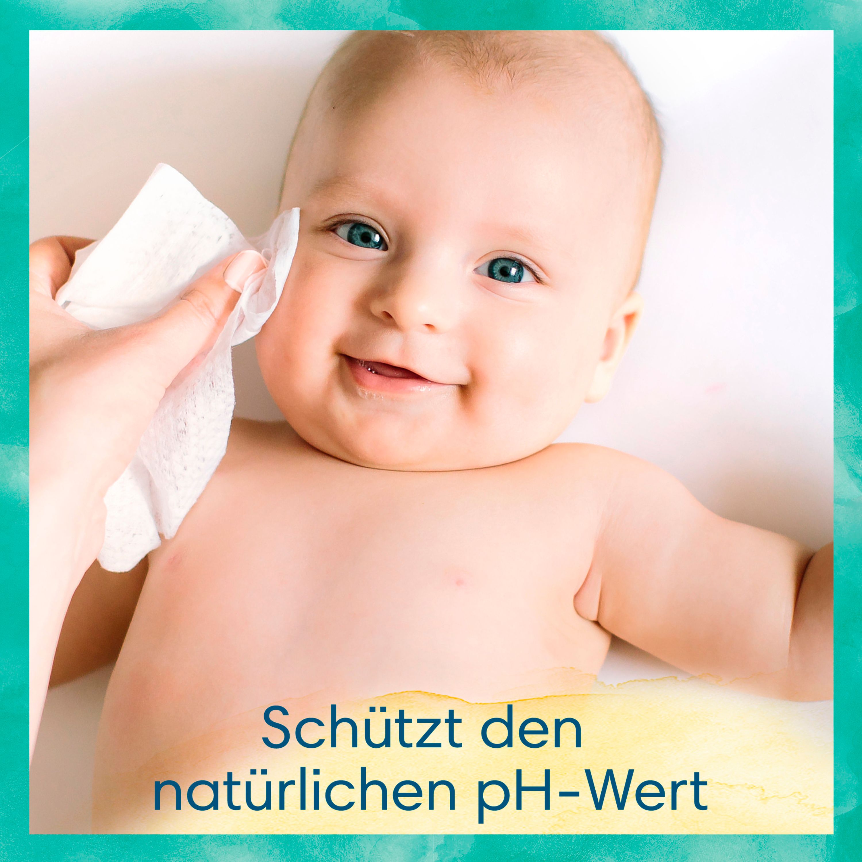 Babygesicht, das mit einer Feuchttücher gereinigt wird. Text: Schützt den natürlichen pH-Wert.