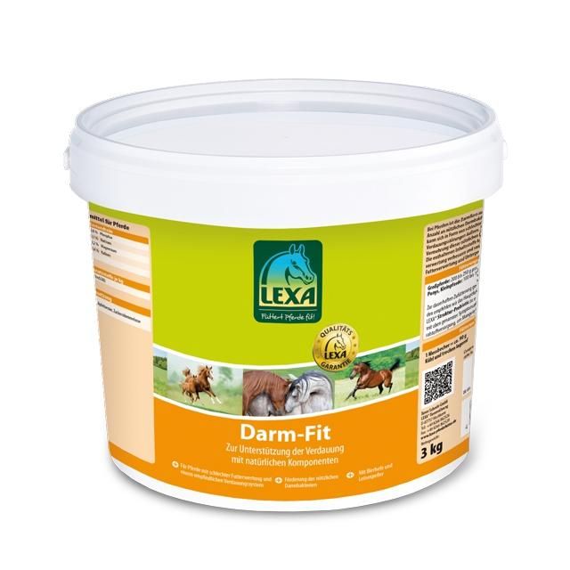 Eimer mit LEXA Darm-Fit für Pferde. Grün-gelbe Verpackung mit Logo, Pferdeabbildungen und Text. 3 kg.