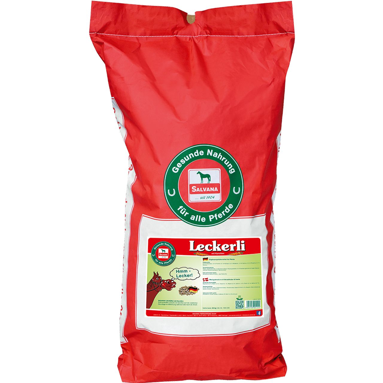 Roter Beutel mit weißem Etikett. Text: Salvana, Leckerli, Gesunde Nahrung für alle Pferde. Logo: Pferd.