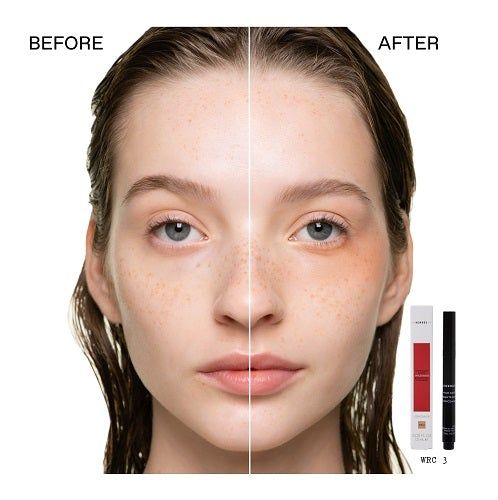 Gesicht einer Frau, geteilt in Vorher-Nachher-Ansicht. Rechts: Gesicht mit Concealer. Unten: Produktverpackung und Stift.