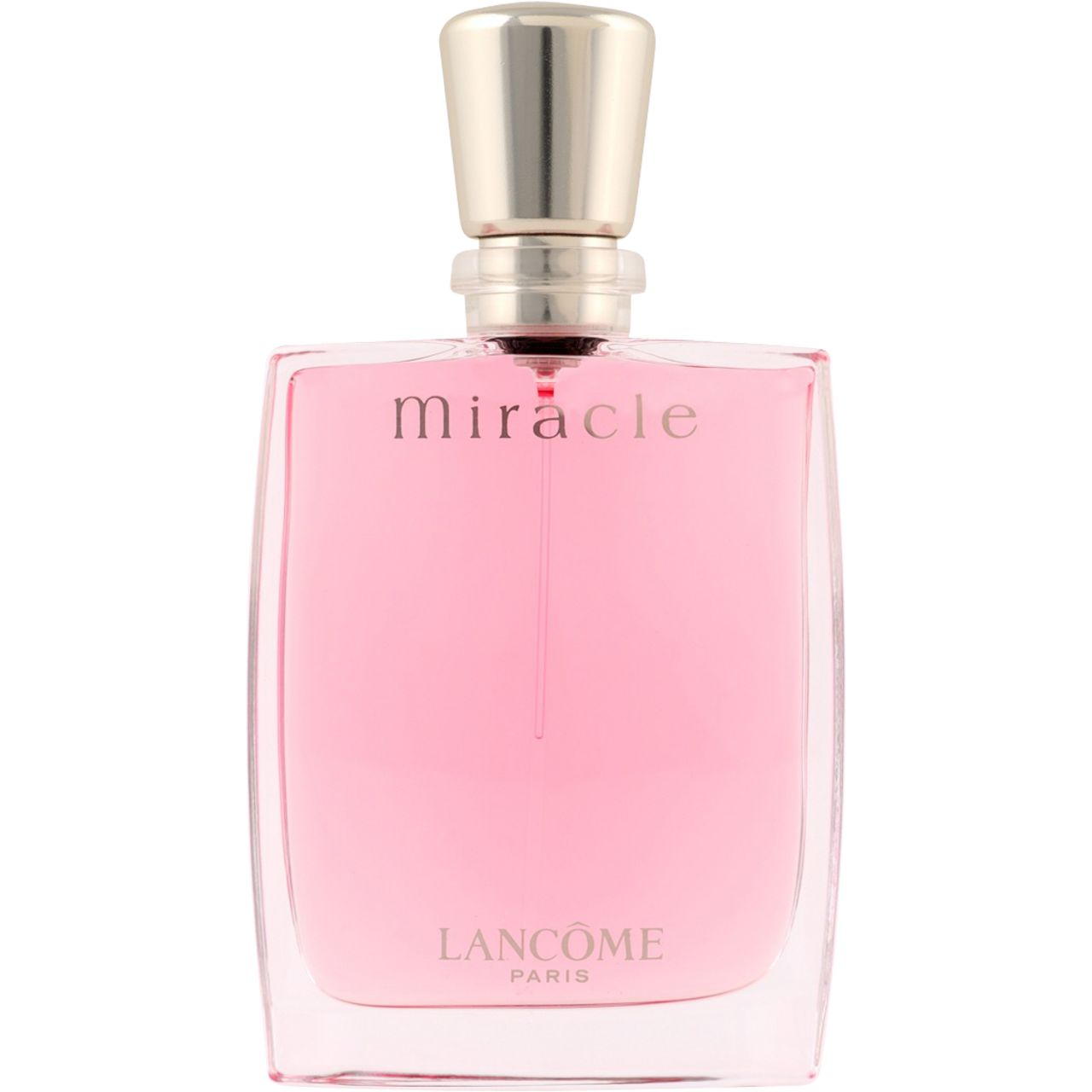 LANCÔME Miracle Flakon, rosa Flüssigkeit, silberner Verschluss. Schriftzug: Miracle, LANCÔME.