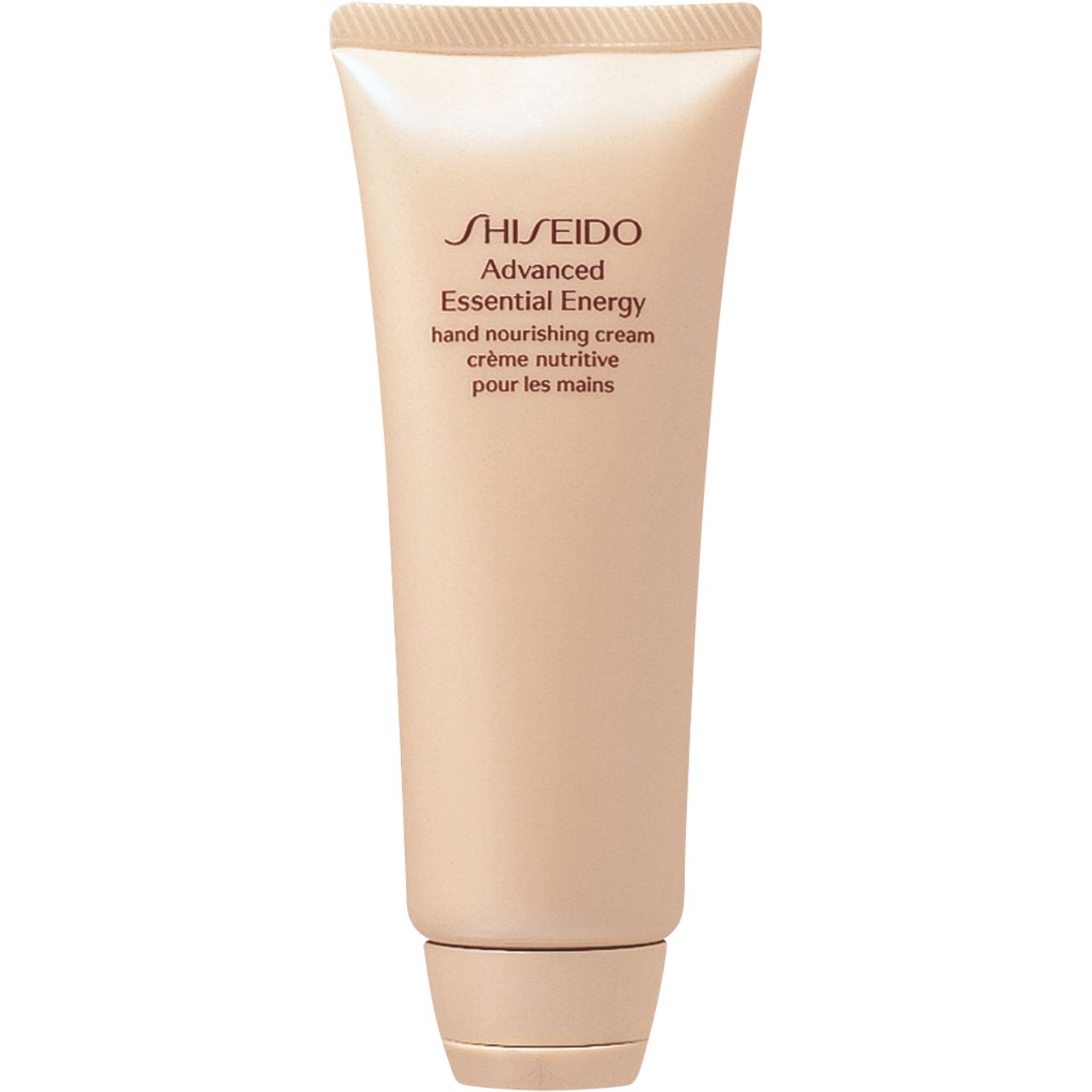 Beigefarbene Tube mit Produkttext. Aufschrift: Shiseido, Advanced Essential Energy, Hand Nourishing Cream, Crème nutritive pour les mains.