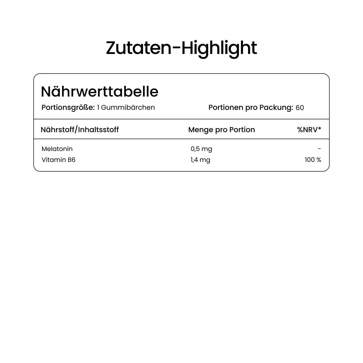 Nährwerttabelle: Melatonin 0,5 mg, Vitamin B6 1,4 mg pro Gummibärchen.