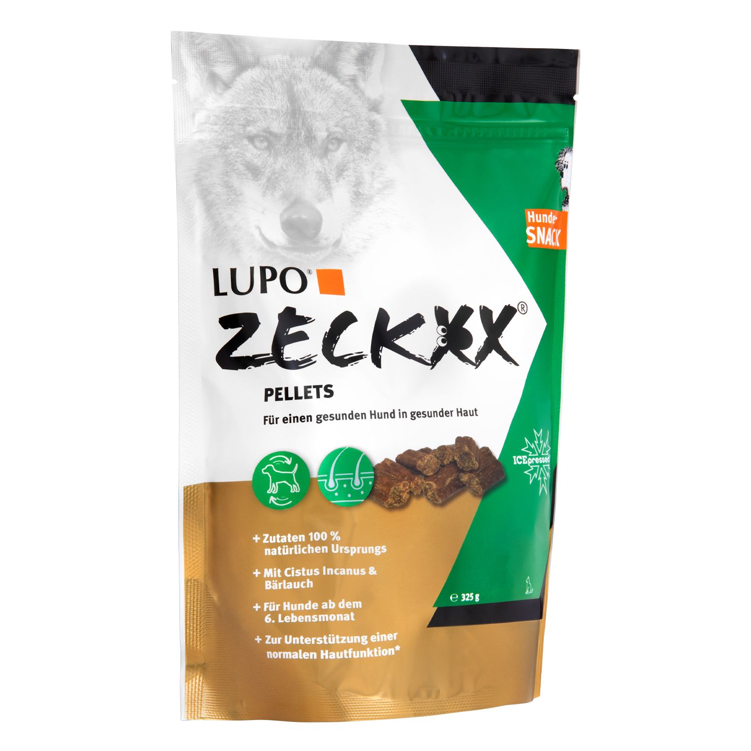 Beutel Hundesnacks LUPO ZECKXX PELLETS. Grün-goldene Verpackung mit Hund und Wolf. 325g. ICE-pressed Siegel.