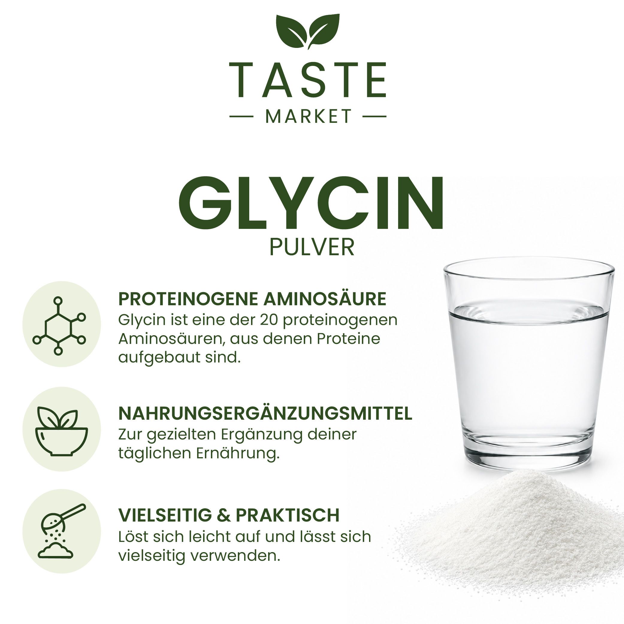 Glas Wasser und ein Haufen Glycin-Pulver neben drei Icons: Molekül, Schale, Löffel.