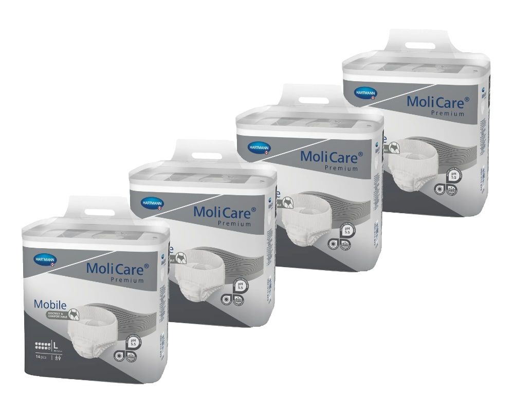Vier Packungen MoliCare Premium Mobile. Größe L. Weiße Einweghosen in Verpackung mit Tragegriff. Produktname und Logo sichtbar.