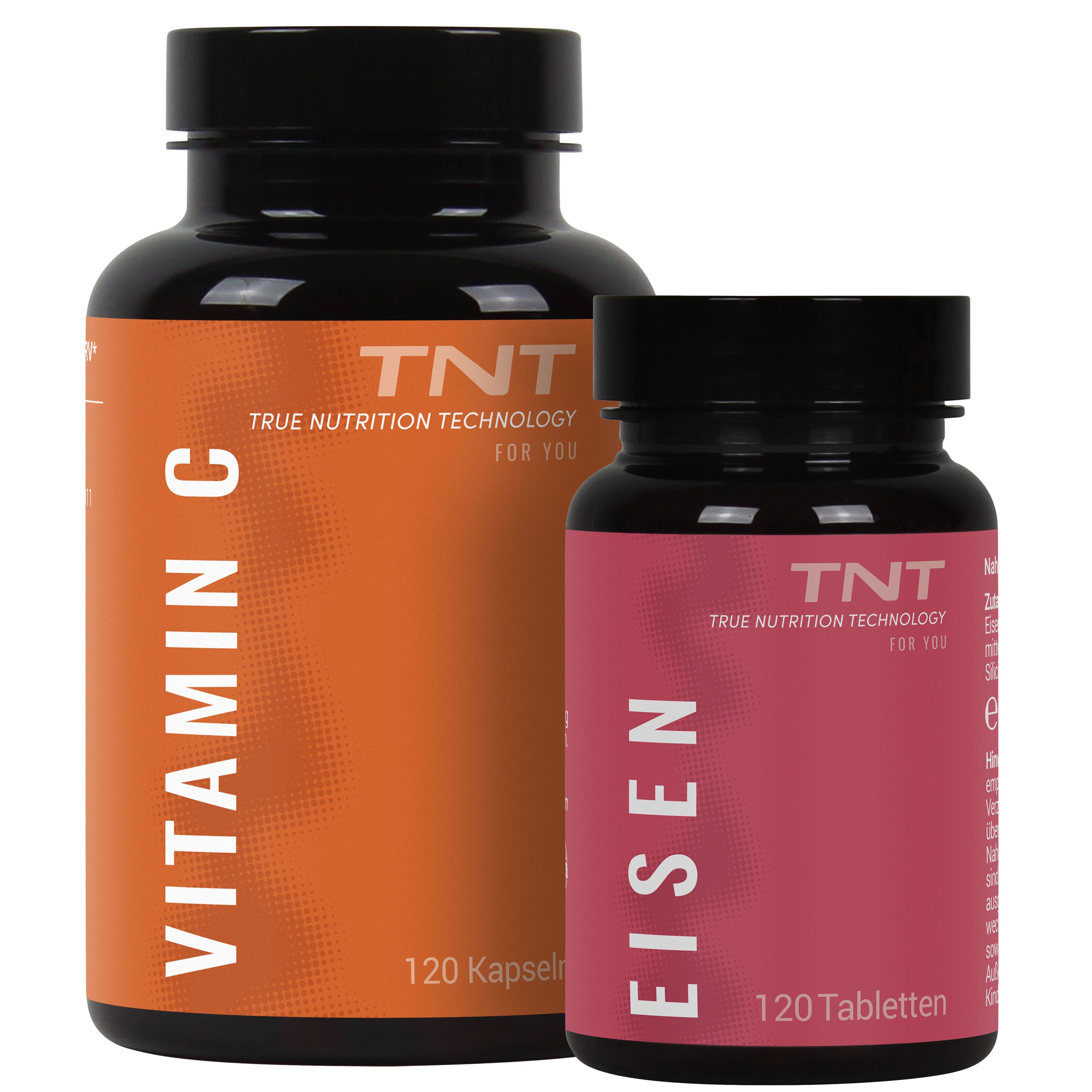 Zwei Flaschen. Eine orangefarbene mit "Vitamin C", eine rote mit "Eisen". Beide mit schwarzem Deckel und Etikett.